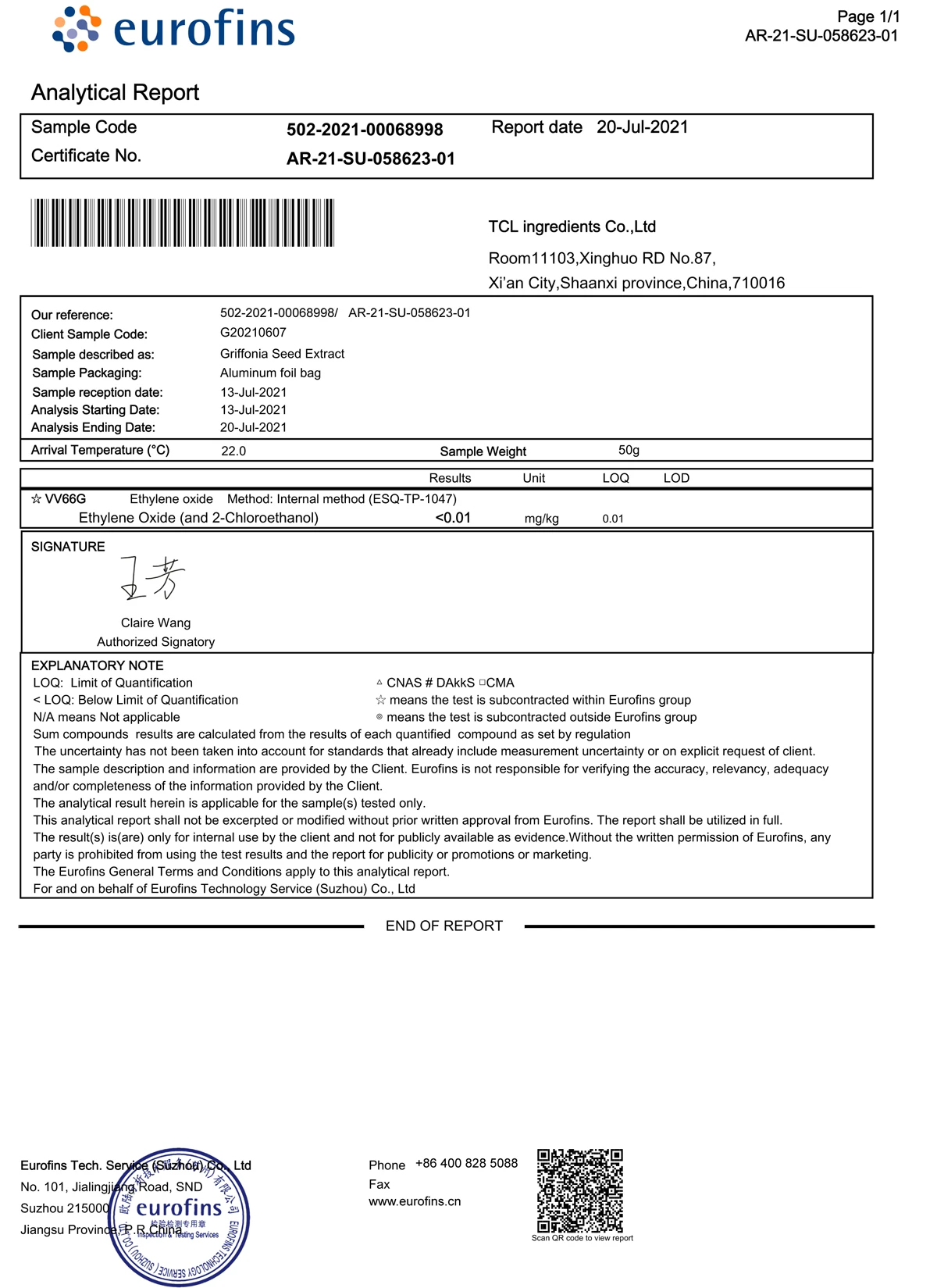 ETO Test Report_Griffonia Seed Extract